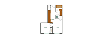 A floor plan of a small apartment with a bedroom, kitchen, and bathroom.