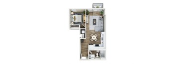 a stylized floor plan with a bedroom and a bathroom