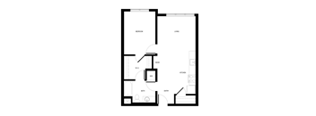 A floor plan of a small apartment with a bedroom, living room, kitchen, bathroom, and a nook.