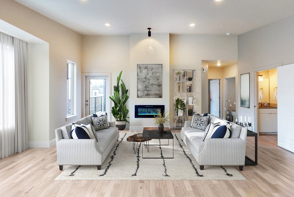 a living room with two couches and a coffee table