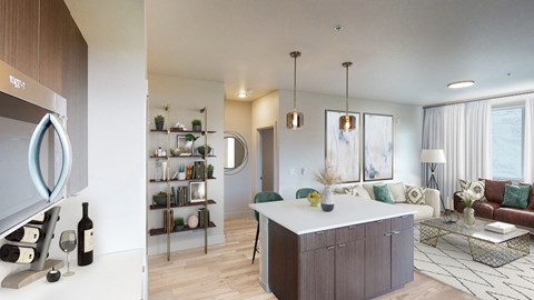 a kitchen and living room in an apartment