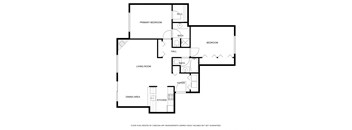 A floor plan of a home with a living room, dining area, kitchen, two bedrooms, and a foyer.