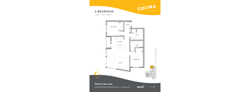 A 2 bedroom apartment floor plan with a living room, kitchen, and two bedrooms.