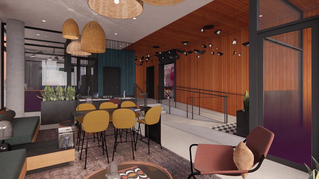 a rendering of a dining room with yellow chairs and a table