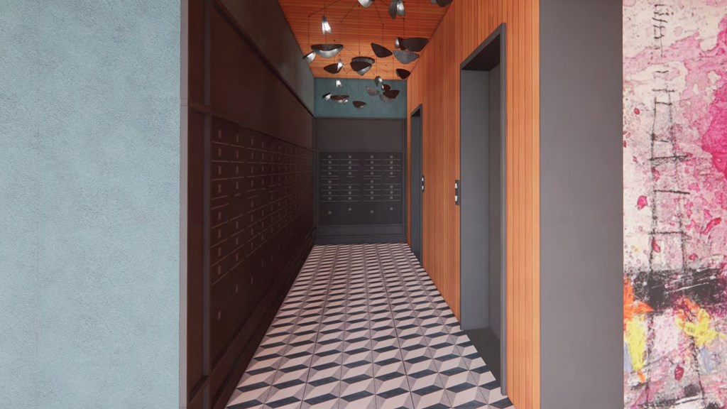 a hallway with a tiled floor and a door
