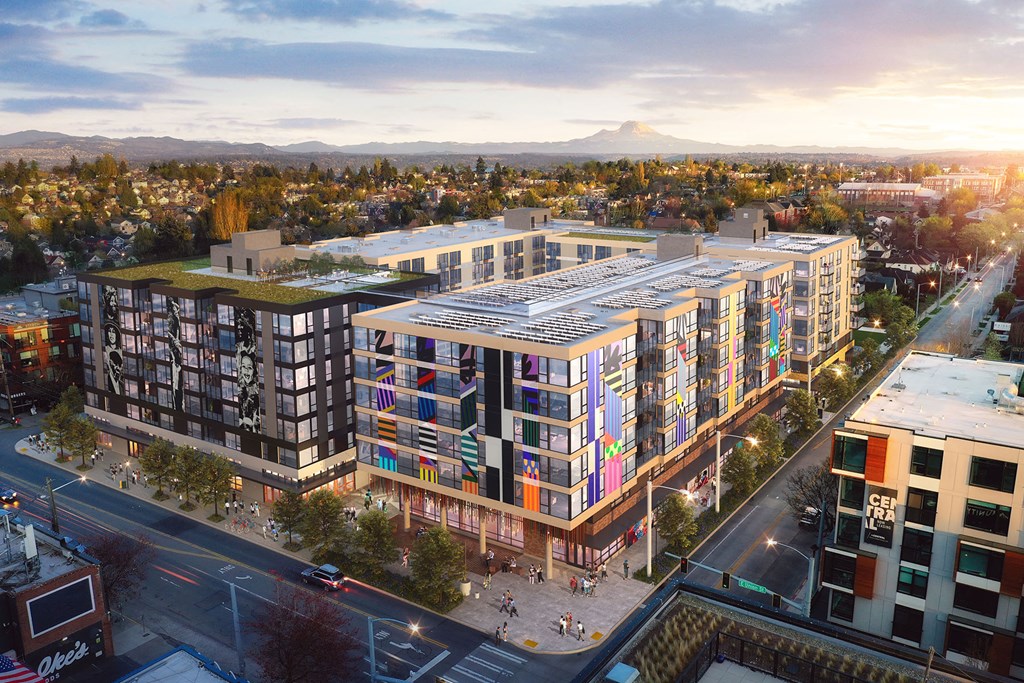 a rendering of a redevelopment of buildings in a city