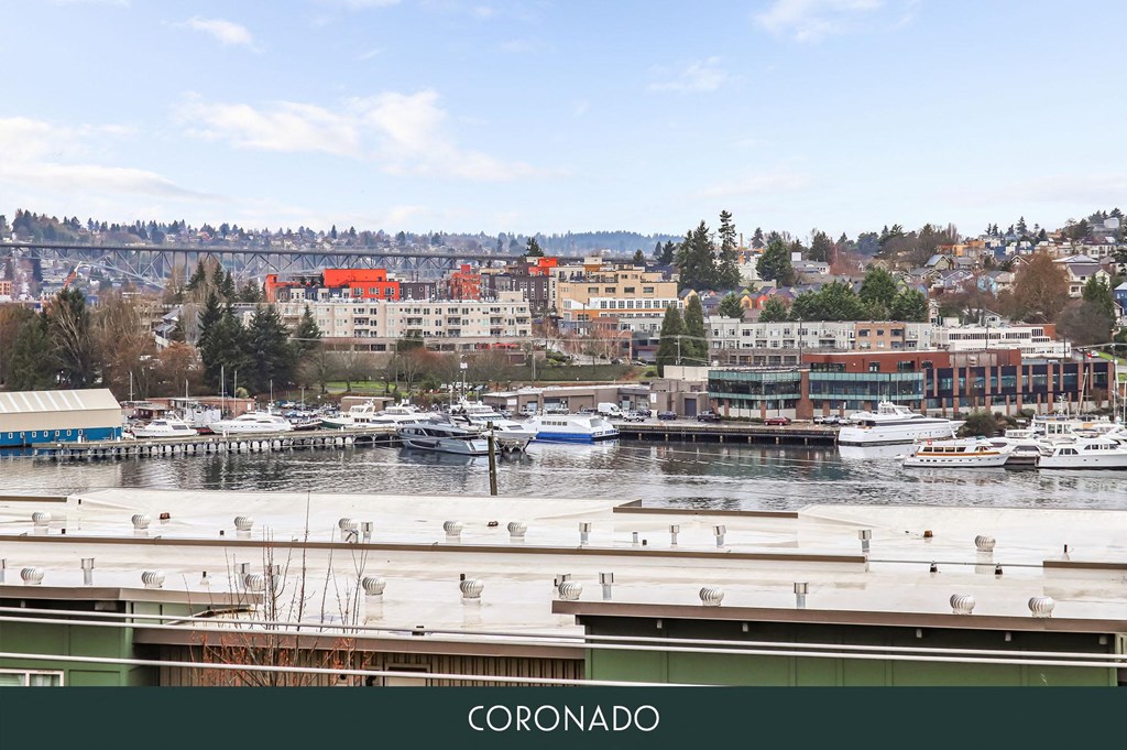 a view of a harbor with boats and a city in the background