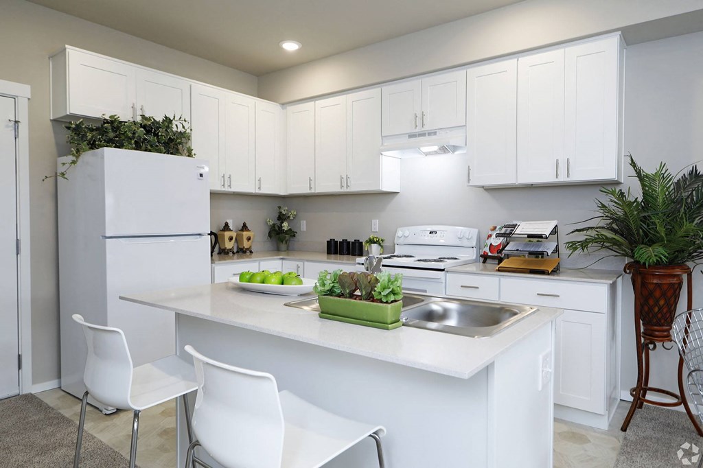 a white kitchen with white cabinets and white appliances