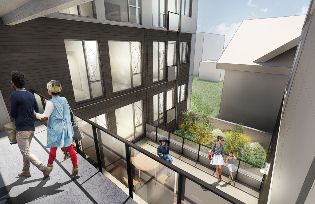 a rendering of a building with people walking in front of it