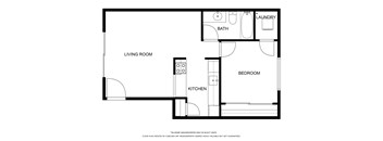 A floor plan of a small apartment with a living room, kitchen, bedroom and bathroom.