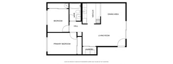 A floor plan of a house with a bedroom, hall, dining area, kitchen, living room, and laundry room.