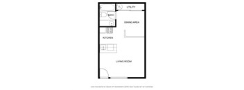A floor plan of a living space with a kitchen, dining area and bathroom.