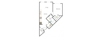 A floor plan of a small apartment with a living room, kitchen, bathroom, and bedroom.