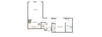 A floor plan of a small apartment with a kitchen, living room, bedroom, and bathroom.