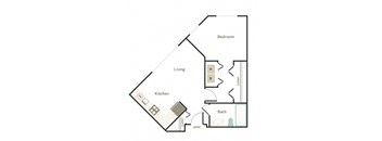 A floor plan of a house with a living room, kitchen, bedroom, bathroom, and closet.