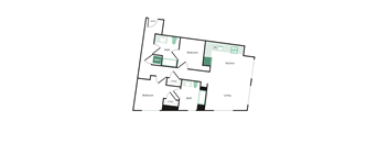 A floor plan of a house with a living room, two bedrooms, a bathroom, a kitchen, and a W/D.