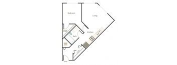 A floor plan of a small apartment with a bedroom, living room, kitchen, and bathroom.