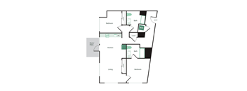 A floor plan of a house with a deck, two bedrooms, a bathroom, a kitchen, and a living room.