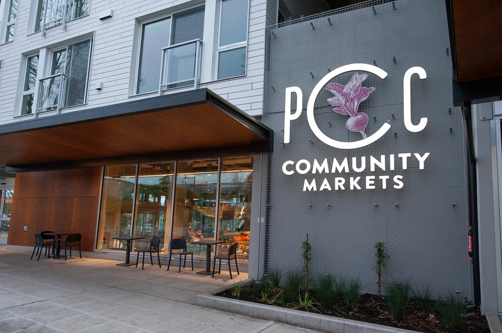 the facade of a building with a sign markets