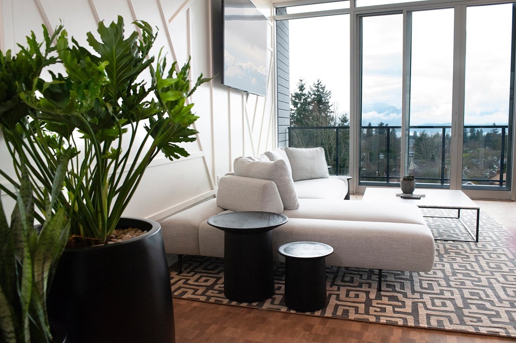 a living room with a couch and tables and large plants