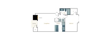 A floor plan of a house with a living room, kitchen, and bedrooms.