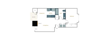 A floor plan of a house with a living room, dining area, kitchen, bath, and bedroom.