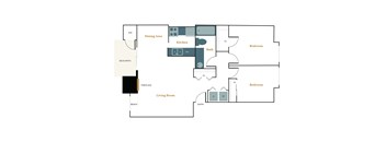 A floor plan of a house with a living room, dining area, kitchen, two bedrooms and a bath.
