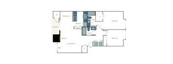A floor plan of a house with a living room, dining area, kitchen, two bedrooms, and a pantry.