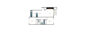 A floor plan of a house with a kitchen, dining and living room.