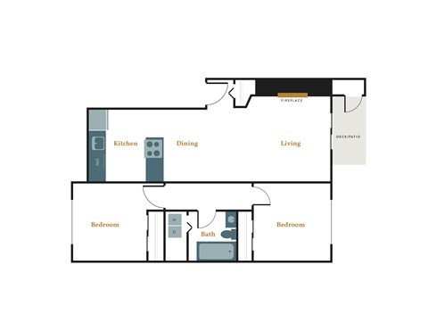 A floor plan of a house with a kitchen, dining and living room.