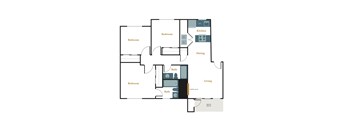 A floor plan of a house with three bedrooms, a kitchen, a dining area, a living room, a bathroom, and a fireplace.