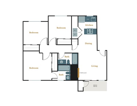 A floor plan of a house with three bedrooms, a kitchen, a dining area, a living room, a bathroom, and a fireplace.