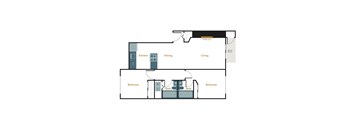 A floor plan of a house with two bedrooms, a living room, a dining room, a kitchen, and a bathroom.