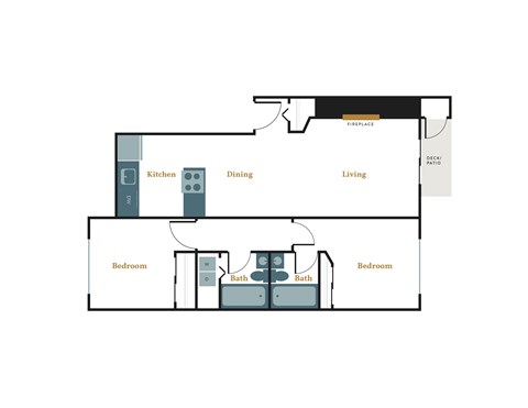 A floor plan of a house with two bedrooms, a living room, a dining room, a kitchen, and a bathroom.