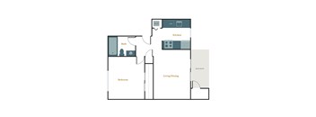 A floor plan of a small apartment with a kitchen, living room and bedroom.