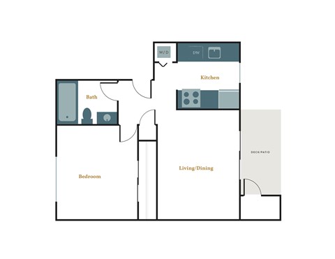 A floor plan of a small apartment with a kitchen, living room and bedroom.