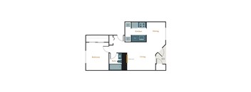 A floor plan of a house with a kitchen, dining area, living room, bedroom, bathroom, and fireplace.