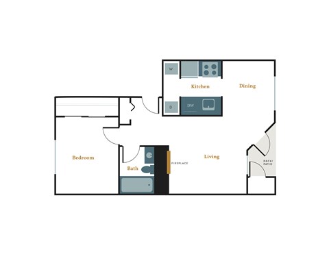 A floor plan of a house with a kitchen, dining area, living room, bedroom, bathroom, and fireplace.
