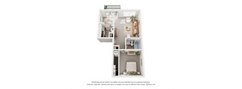 A 3D floor plan of a small apartment with a kitchen, living room, and bathroom.