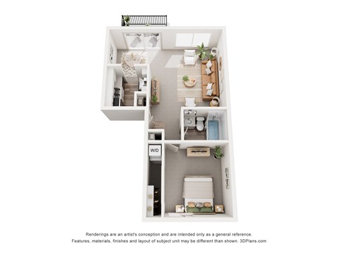 A 3D floor plan of a small apartment with a kitchen, living room, and bathroom.