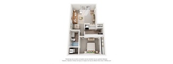 A 3D floor plan of a small apartment with a kitchen, living room, and bathroom.