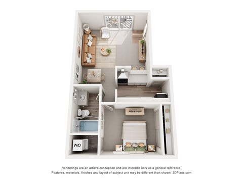 A 3D floor plan of a small apartment with a kitchen, living room, and bathroom.