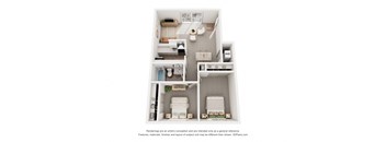 A 3D floor plan of a small apartment with a kitchen, living room, and bedroom.