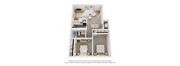 A 3D floor plan of a small apartment with a kitchen, living room, and bedroom.