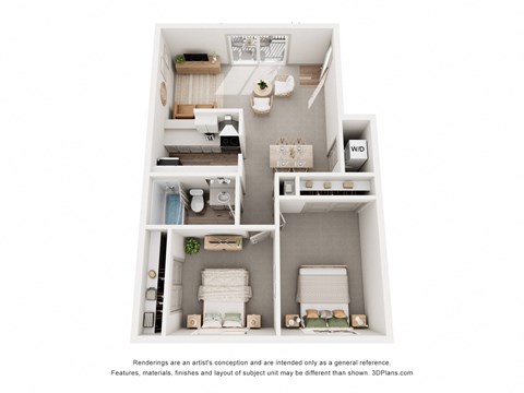 A 3D floor plan of a small apartment with a kitchen, living room, and bedroom.