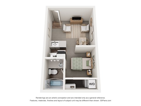 A 3D floor plan of a small apartment with a kitchen, living room, and bathroom.