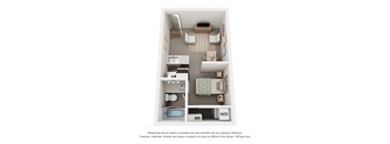 A 3D floor plan of a small apartment with a kitchen, living room, and bathroom.