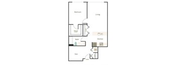 A floor plan of a home showing a bedroom, bath, den, and kitchen.