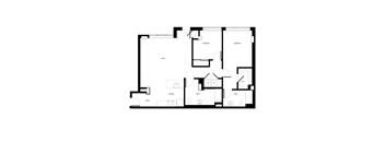 A black and white floor plan of a house with two bedrooms, a living room, a kitchen, two bathrooms, and an entry point.