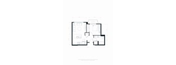 A floor plan of a house with a kitchen, living room, and bathroom.
